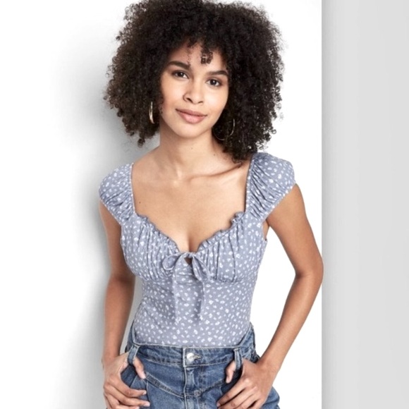 Blue and White floral Milkmaid  Bodysuit - Picture 4 of 6